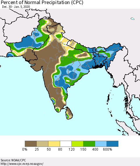 Southern Asia Percent of Normal Precipitation (CPC) Thematic Map For 12/30/2019 - 1/5/2020