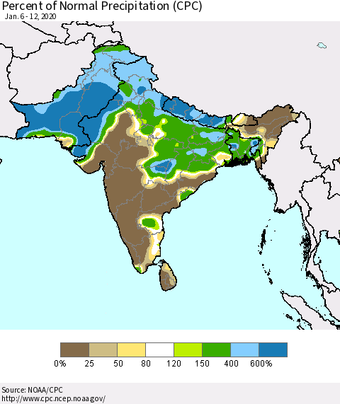 Southern Asia Percent of Normal Precipitation (CPC) Thematic Map For 1/6/2020 - 1/12/2020
