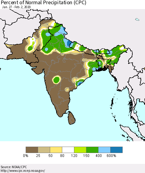 Southern Asia Percent of Normal Precipitation (CPC) Thematic Map For 1/27/2020 - 2/2/2020