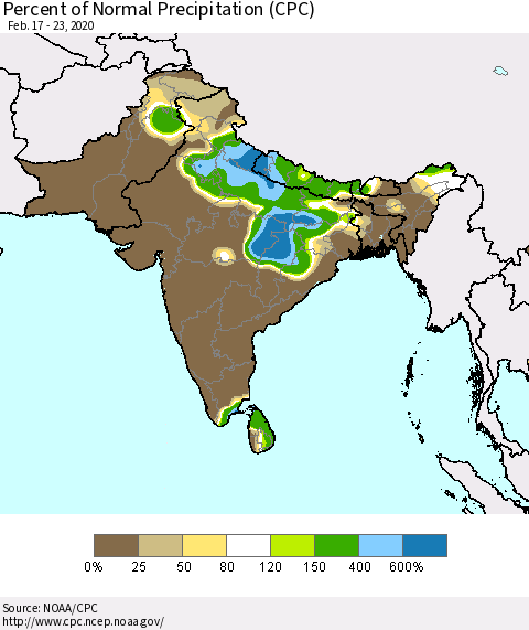 Southern Asia Percent of Normal Precipitation (CPC) Thematic Map For 2/17/2020 - 2/23/2020