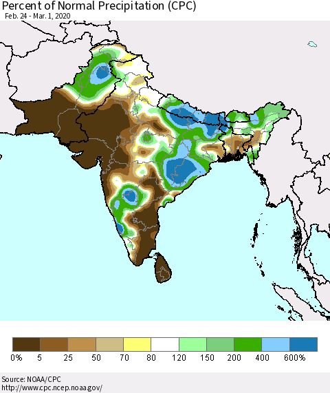 Southern Asia Percent of Normal Precipitation (CPC) Thematic Map For 2/24/2020 - 3/1/2020
