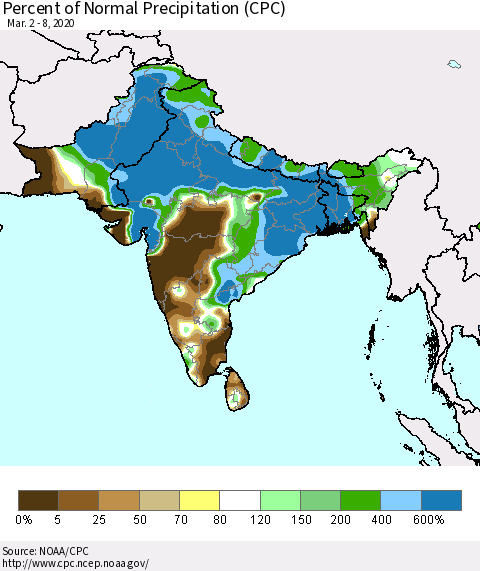 Southern Asia Percent of Normal Precipitation (CPC) Thematic Map For 3/2/2020 - 3/8/2020
