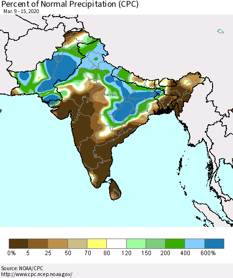 Southern Asia Percent of Normal Precipitation (CPC) Thematic Map For 3/9/2020 - 3/15/2020