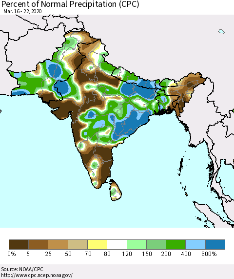 Southern Asia Percent of Normal Precipitation (CPC) Thematic Map For 3/16/2020 - 3/22/2020