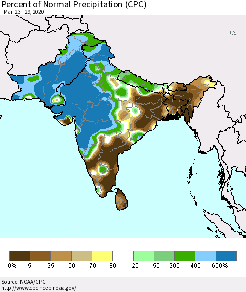 Southern Asia Percent of Normal Precipitation (CPC) Thematic Map For 3/23/2020 - 3/29/2020