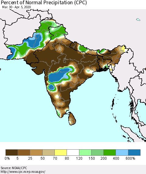 Southern Asia Percent of Normal Precipitation (CPC) Thematic Map For 3/30/2020 - 4/5/2020