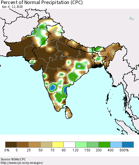 Southern Asia Percent of Normal Precipitation (CPC) Thematic Map For 4/6/2020 - 4/12/2020