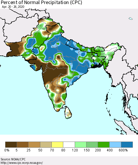 Southern Asia Percent of Normal Precipitation (CPC) Thematic Map For 4/20/2020 - 4/26/2020