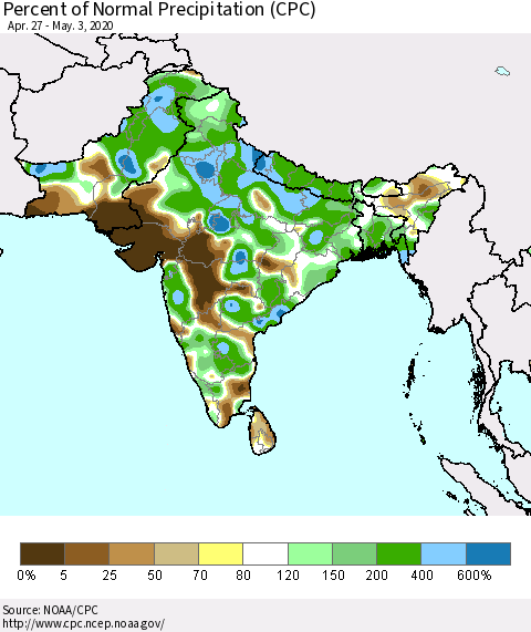 Southern Asia Percent of Normal Precipitation (CPC) Thematic Map For 4/27/2020 - 5/3/2020