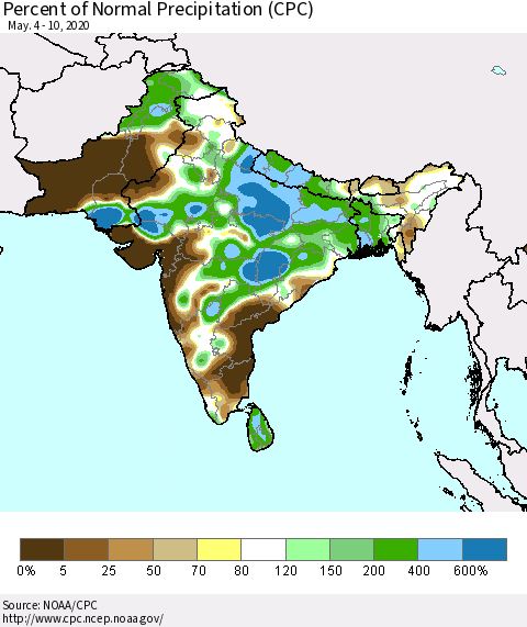 Southern Asia Percent of Normal Precipitation (CPC) Thematic Map For 5/4/2020 - 5/10/2020