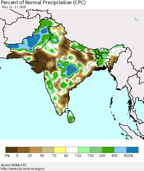 Southern Asia Percent of Normal Precipitation (CPC) Thematic Map For 5/11/2020 - 5/17/2020