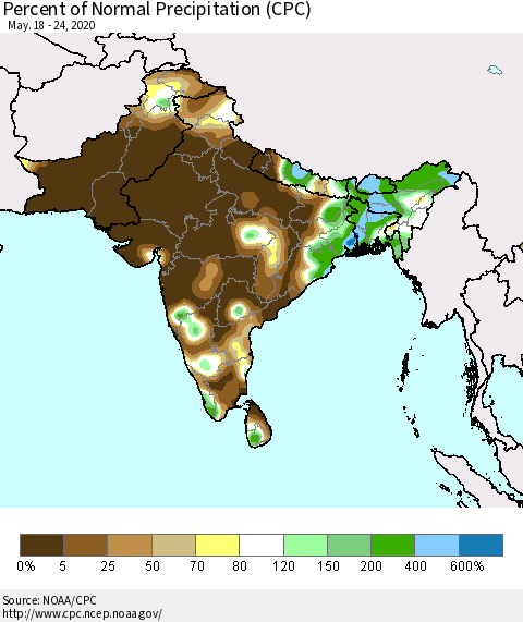 Southern Asia Percent of Normal Precipitation (CPC) Thematic Map For 5/18/2020 - 5/24/2020