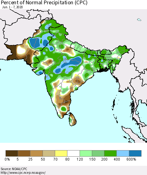 Southern Asia Percent of Normal Precipitation (CPC) Thematic Map For 6/1/2020 - 6/7/2020