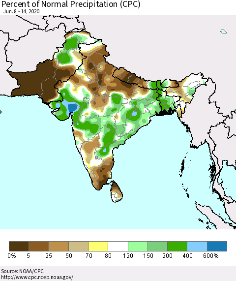 Southern Asia Percent of Normal Precipitation (CPC) Thematic Map For 6/8/2020 - 6/14/2020