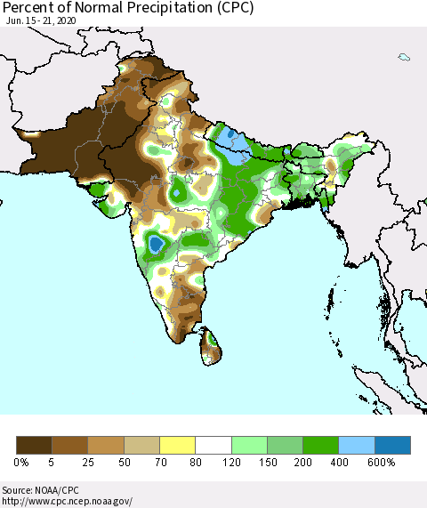 Southern Asia Percent of Normal Precipitation (CPC) Thematic Map For 6/15/2020 - 6/21/2020