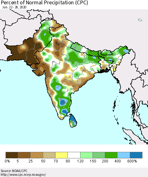 Southern Asia Percent of Normal Precipitation (CPC) Thematic Map For 6/22/2020 - 6/28/2020