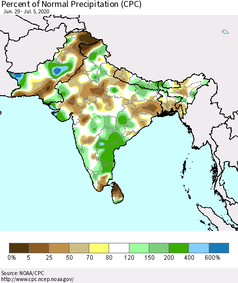 Southern Asia Percent of Normal Precipitation (CPC) Thematic Map For 6/29/2020 - 7/5/2020