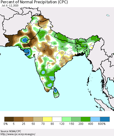 Southern Asia Percent of Normal Precipitation (CPC) Thematic Map For 7/6/2020 - 7/12/2020