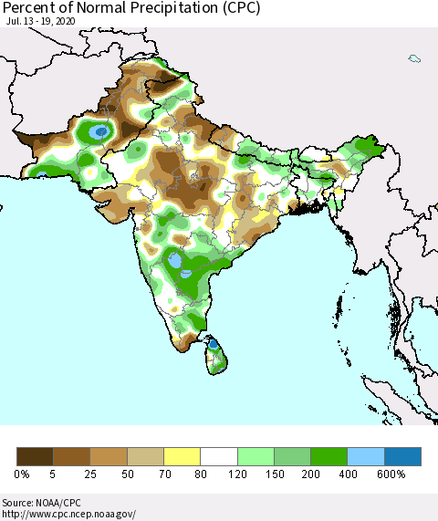 Southern Asia Percent of Normal Precipitation (CPC) Thematic Map For 7/13/2020 - 7/19/2020