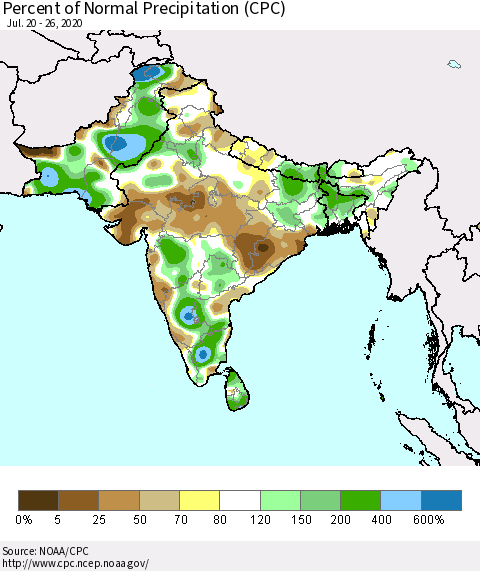 Southern Asia Percent of Normal Precipitation (CPC) Thematic Map For 7/20/2020 - 7/26/2020