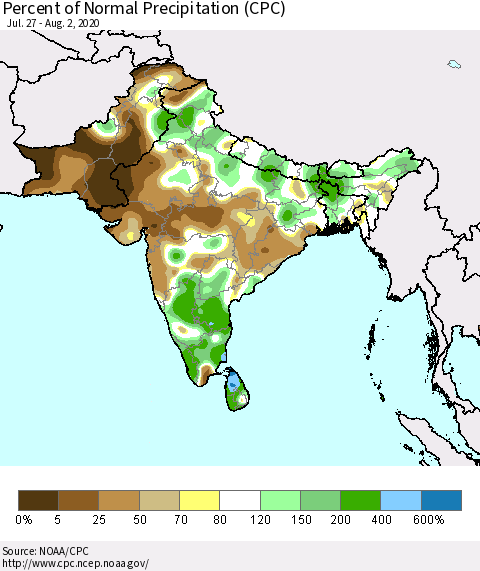 Southern Asia Percent of Normal Precipitation (CPC) Thematic Map For 7/27/2020 - 8/2/2020