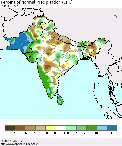Southern Asia Percent of Normal Precipitation (CPC) Thematic Map For 8/3/2020 - 8/9/2020