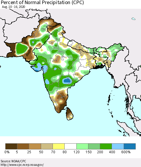 Southern Asia Percent of Normal Precipitation (CPC) Thematic Map For 8/10/2020 - 8/16/2020