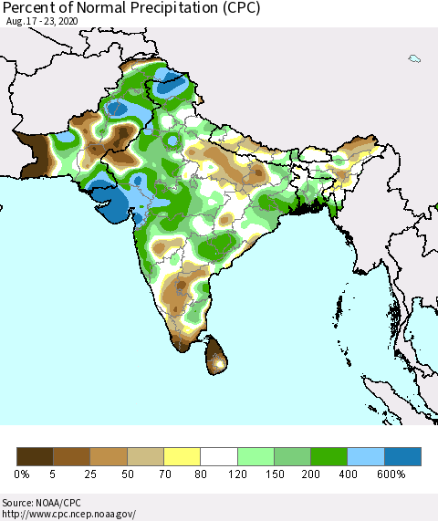 Southern Asia Percent of Normal Precipitation (CPC) Thematic Map For 8/17/2020 - 8/23/2020