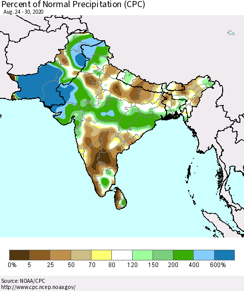 Southern Asia Percent of Normal Precipitation (CPC) Thematic Map For 8/24/2020 - 8/30/2020