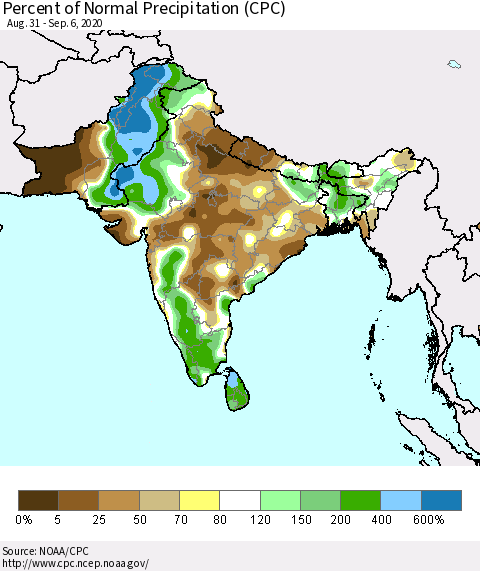 Southern Asia Percent of Normal Precipitation (CPC) Thematic Map For 8/31/2020 - 9/6/2020