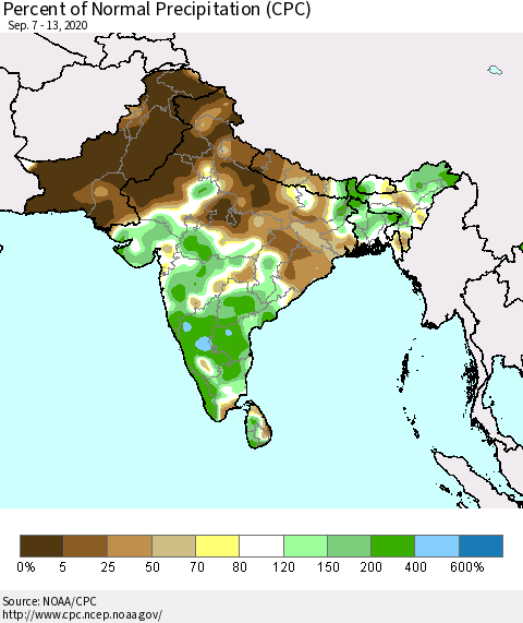 Southern Asia Percent of Normal Precipitation (CPC) Thematic Map For 9/7/2020 - 9/13/2020
