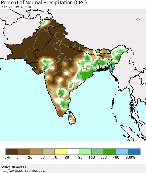 Southern Asia Percent of Normal Precipitation (CPC) Thematic Map For 9/28/2020 - 10/4/2020