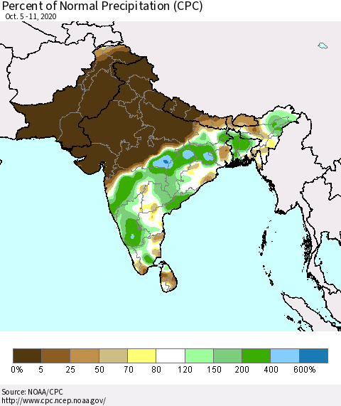 Southern Asia Percent of Normal Precipitation (CPC) Thematic Map For 10/5/2020 - 10/11/2020