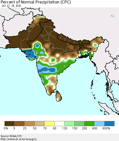 Southern Asia Percent of Normal Precipitation (CPC) Thematic Map For 10/12/2020 - 10/18/2020