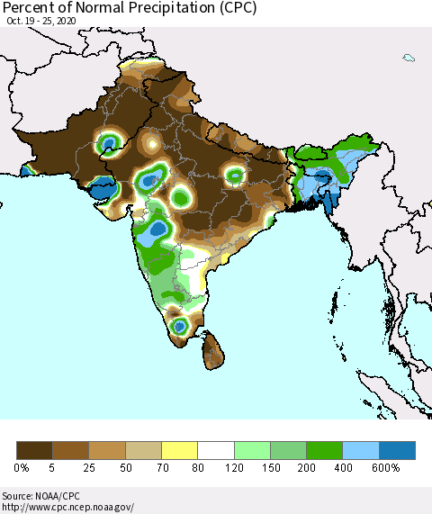 Southern Asia Percent of Normal Precipitation (CPC) Thematic Map For 10/19/2020 - 10/25/2020