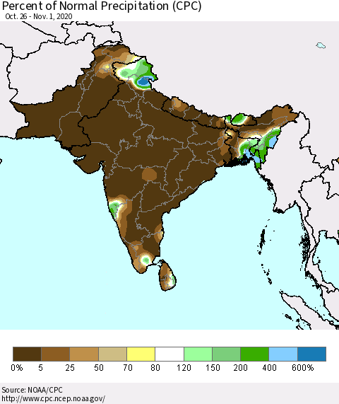 Southern Asia Percent of Normal Precipitation (CPC) Thematic Map For 10/26/2020 - 11/1/2020