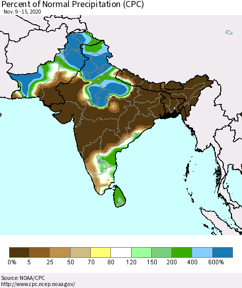 Southern Asia Percent of Normal Precipitation (CPC) Thematic Map For 11/9/2020 - 11/15/2020