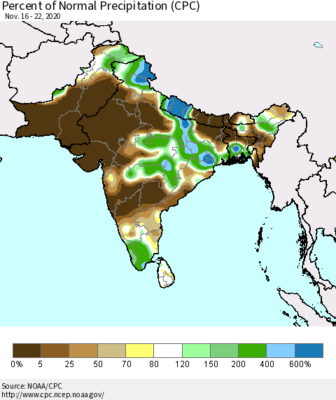 Southern Asia Percent of Normal Precipitation (CPC) Thematic Map For 11/16/2020 - 11/22/2020