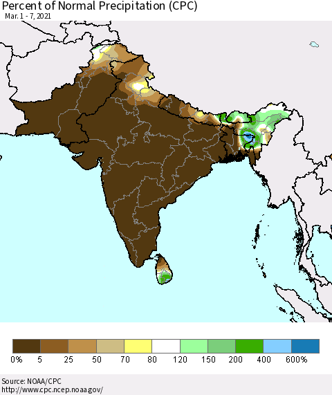 Southern Asia Percent of Normal Precipitation (CPC) Thematic Map For 3/1/2021 - 3/7/2021