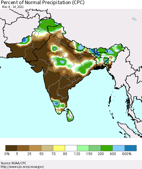 Southern Asia Percent of Normal Precipitation (CPC) Thematic Map For 3/8/2021 - 3/14/2021