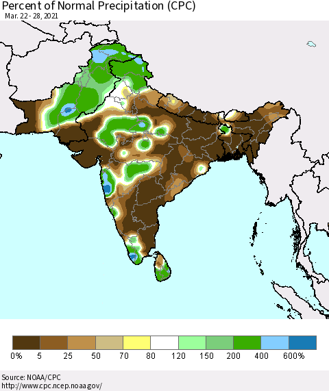 Southern Asia Percent of Normal Precipitation (CPC) Thematic Map For 3/22/2021 - 3/28/2021