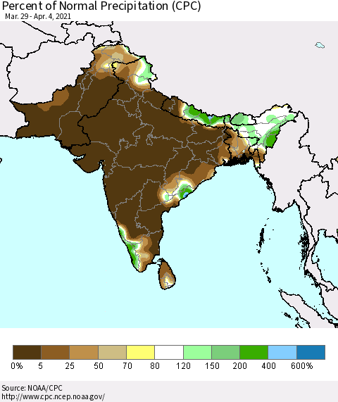 Southern Asia Percent of Normal Precipitation (CPC) Thematic Map For 3/29/2021 - 4/4/2021
