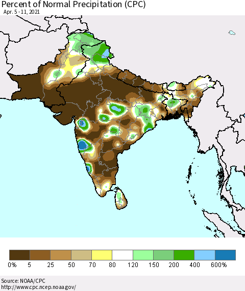 Southern Asia Percent of Normal Precipitation (CPC) Thematic Map For 4/5/2021 - 4/11/2021