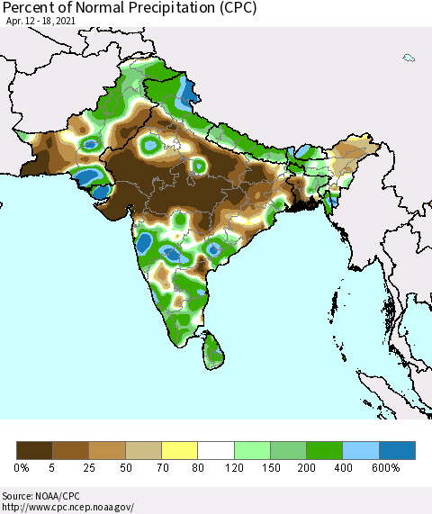 Southern Asia Percent of Normal Precipitation (CPC) Thematic Map For 4/12/2021 - 4/18/2021