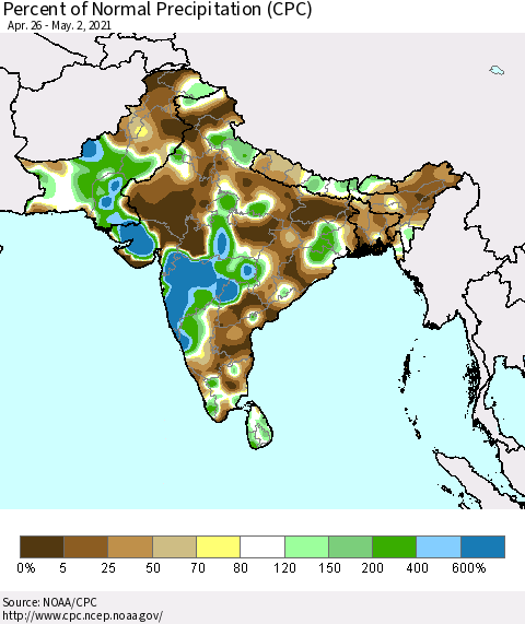 Southern Asia Percent of Normal Precipitation (CPC) Thematic Map For 4/26/2021 - 5/2/2021