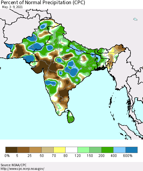 Southern Asia Percent of Normal Precipitation (CPC) Thematic Map For 5/3/2021 - 5/9/2021