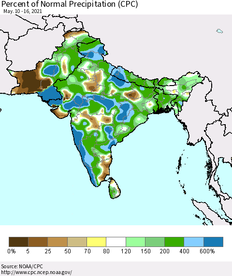 Southern Asia Percent of Normal Precipitation (CPC) Thematic Map For 5/10/2021 - 5/16/2021