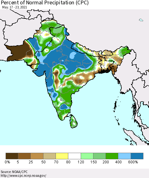 Southern Asia Percent of Normal Precipitation (CPC) Thematic Map For 5/17/2021 - 5/23/2021