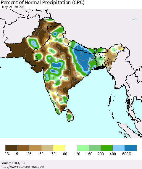 Southern Asia Percent of Normal Precipitation (CPC) Thematic Map For 5/24/2021 - 5/30/2021