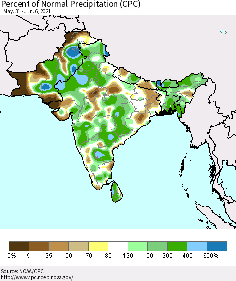 Southern Asia Percent of Normal Precipitation (CPC) Thematic Map For 5/31/2021 - 6/6/2021